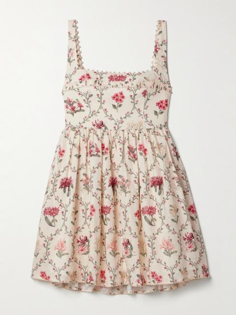 Barbara Orquidea Embellished Floral-print Linen Mini Dress