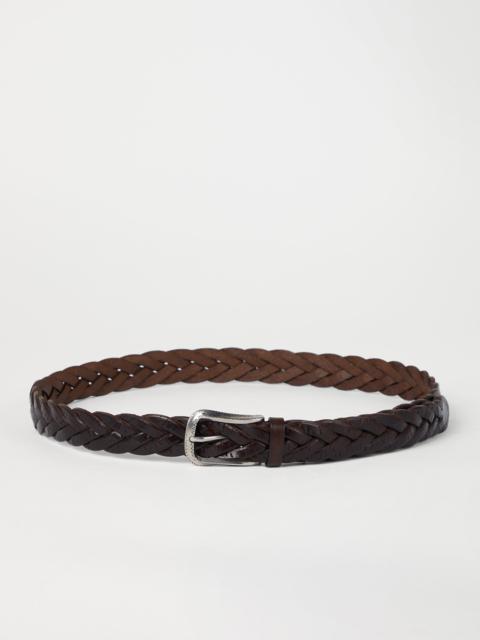 Scratched braided calfskin belt with detailed buckle