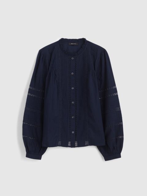 Lace-Insert High-Neck Pintuck Top