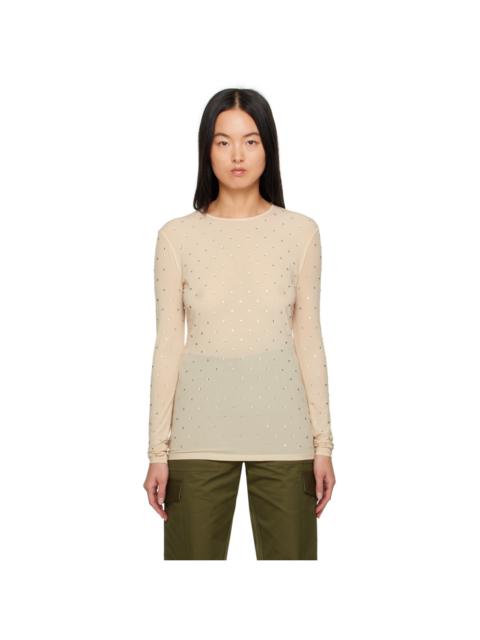 Beige Crystal-Cut Long Sleeve T-Shirt