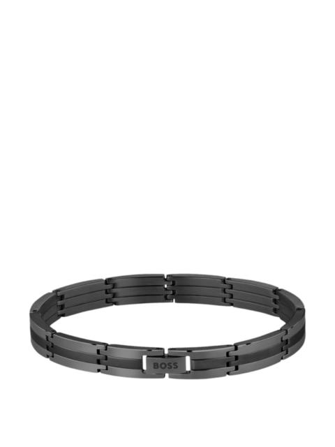BLACK STAINLESS-STEEL STRIPED CUFF WITH LOGO CLASP
