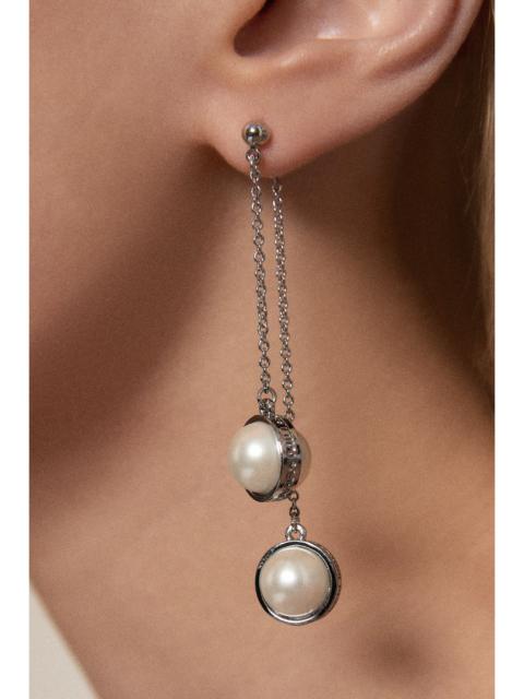 Silver Tone Logo Pearl Double Drop Earrings