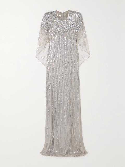 Nettie Cape-effect Embellished Sequined Tulle Gown