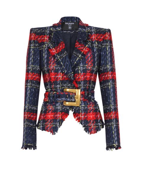 Belted plaid tweed jacket