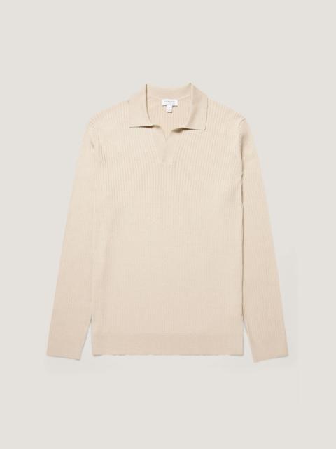 Long Sleeve Fine Rib Silk Cotton Polo Shirt