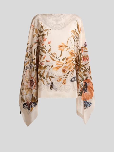 SILK PONCHO TOP WITH PLACED FLORAL PRINT