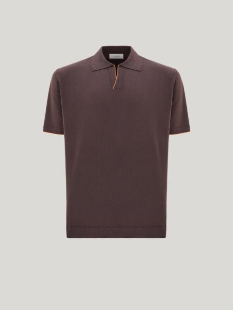 BROWN COTTON AND SILK POLO SHIRT WITH CONTRASTING PIPING