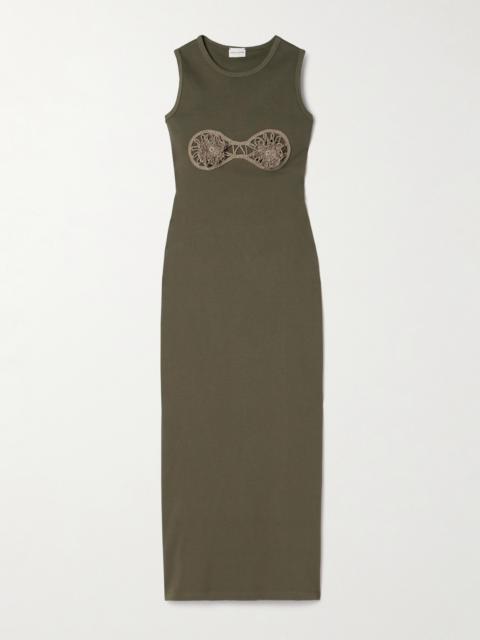 Crochet-trimmed Ribbed Cotton-blend Jersey Midi Dress