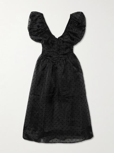 Ruched Flocked Polka-dot Recycled Organza Midi Dress