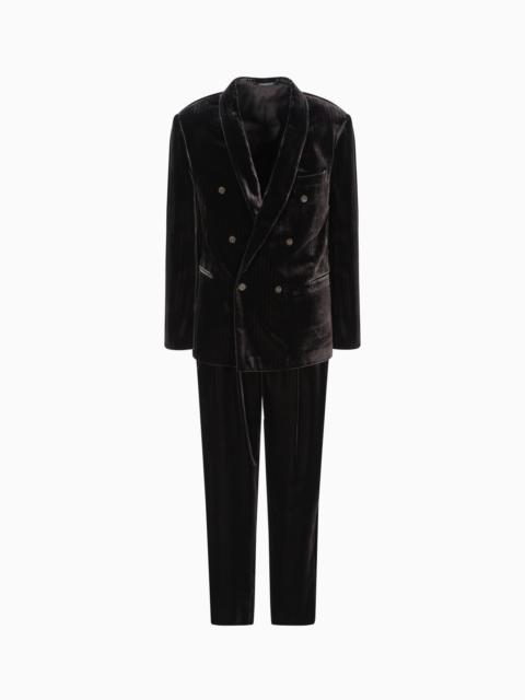 THREE-PIECE DOUBLE-BREASTED VELVET SUIT WITH AN ALL-OVER PRINTED MOTIF