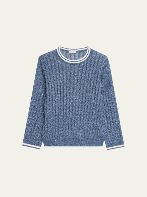 Linen Dazzling Cable Openwork Knit Crewneck Sweater