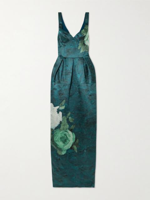Pleated Floral-print Crinkled-satin Gown