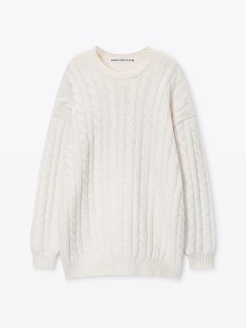 Clear Bead Hotfix Cable-Knit Cardigan in Boiled Wool