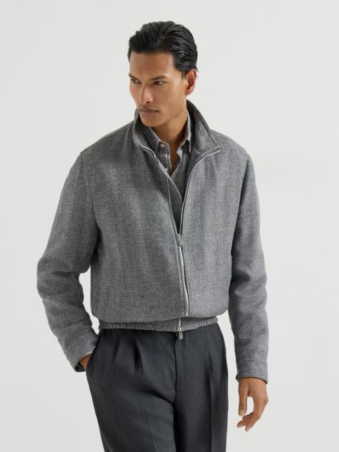 Silk, linen and wool hopsack outerwear jacket with stand collar