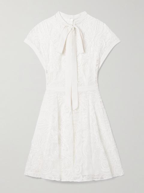 Tie-detailed Crepe-trimmed Corded Lace Mini Dress