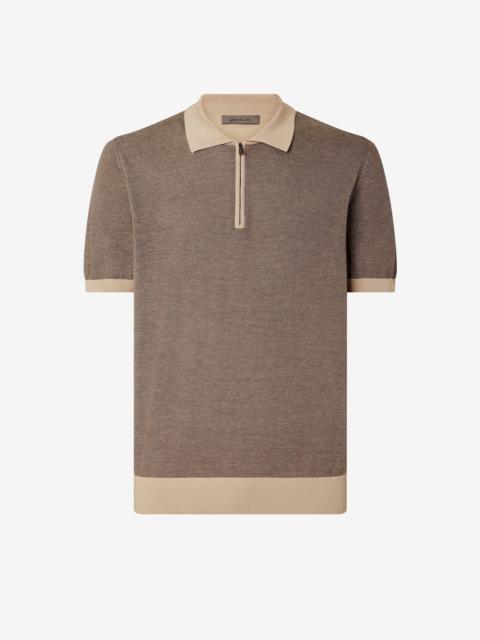 Ice cotton and silk polo shirt with nude/brown zip