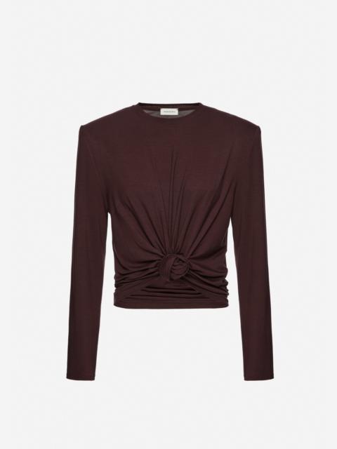 Knotted longsleeve jersey blouse in brown