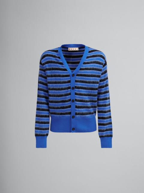 BLUE WOOL-MOHAIR STRIPED CARDIGAN