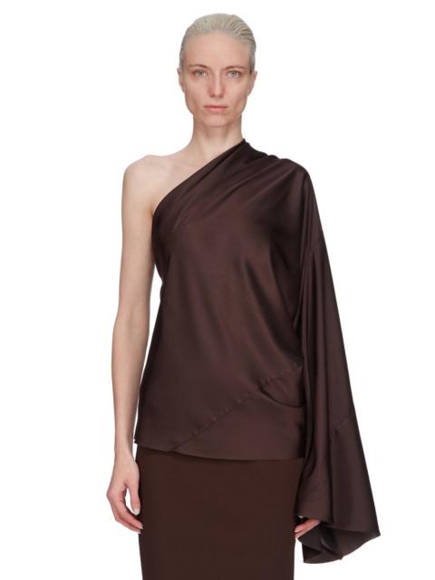 One-shoulder draped satin blouse