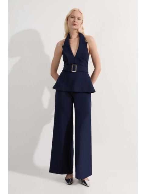 Compact Stretch Halterneck Tailored Wide Leg Jumpsuit
