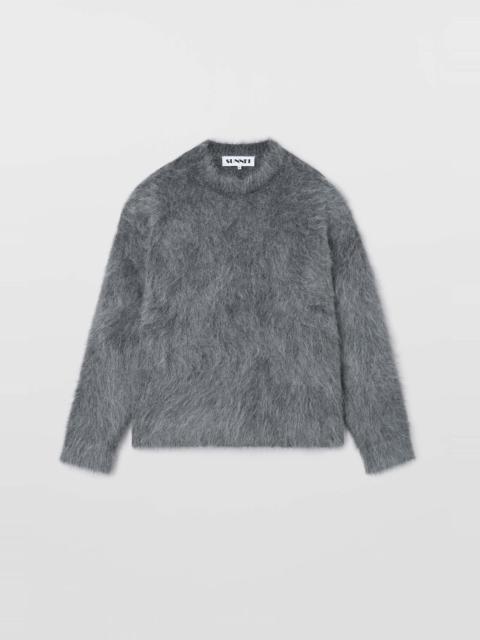 HAIRY KNIT ROUND NECK SWEATER / dark grey melange