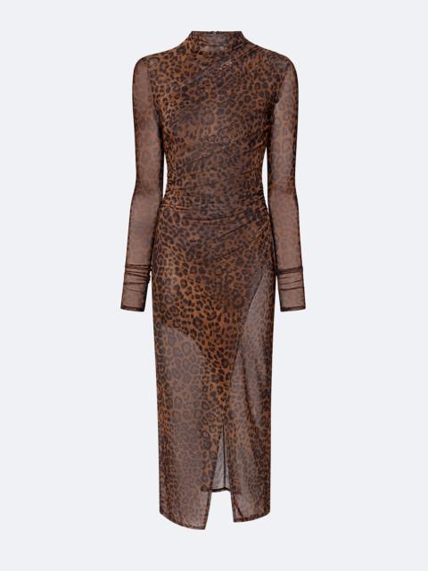 Printed Mesh Mesh Draped Midi Dress