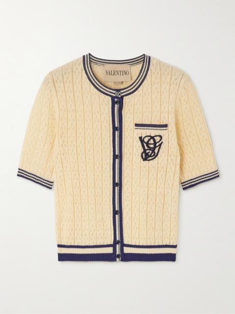 Embroidered Striped Pointelle-knit Linen-blend Cardigan