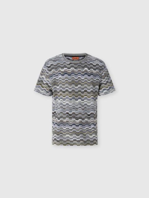 Crew-neck cotton T-shirt with Raschel knit and Greek motif