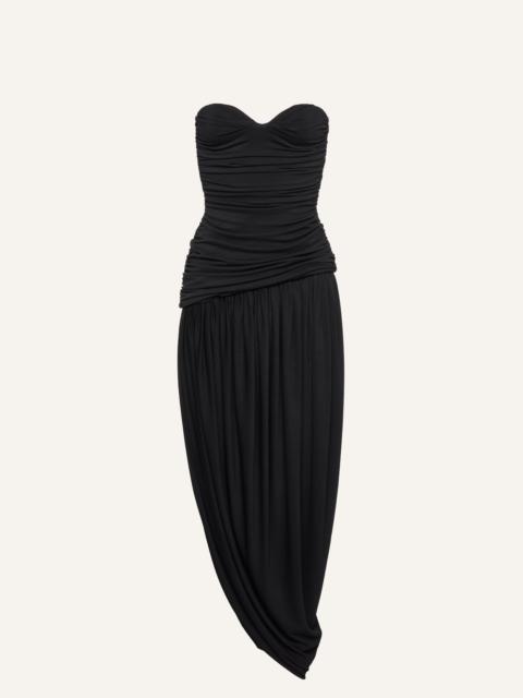 Open-leg draped midi dress in black