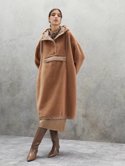 Plush virgin wool and cashmere hooded outerwear jacket with shiny trim