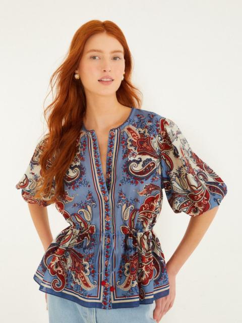 Blue Paisley Scarf Short Sleeve Blouse