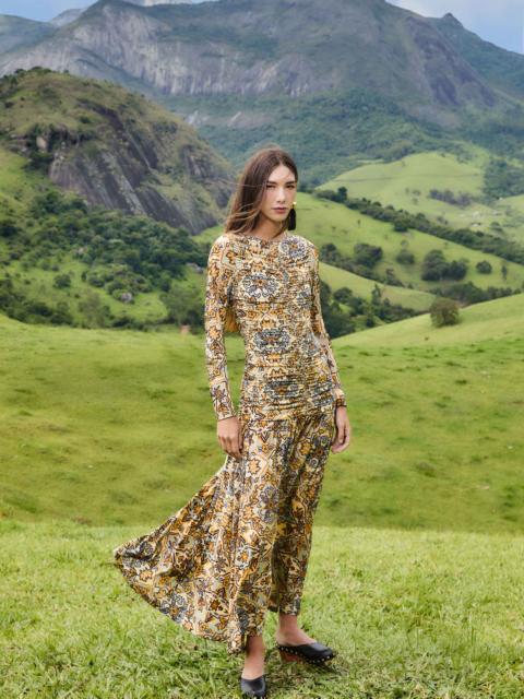 Blue Winter Tapestry Long Sleeve Maxi Dress