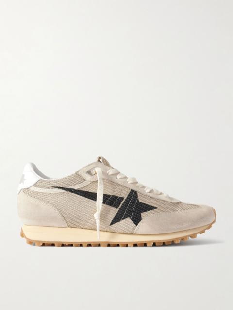 Marathon Distressed Suede-Trimmed Printed Mesh Sneakers Beige