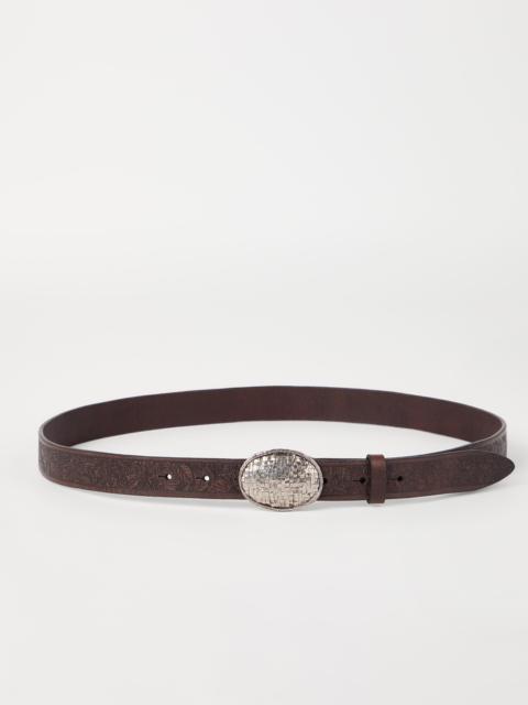 Leaf motif calfskin belt with braided metal buckle