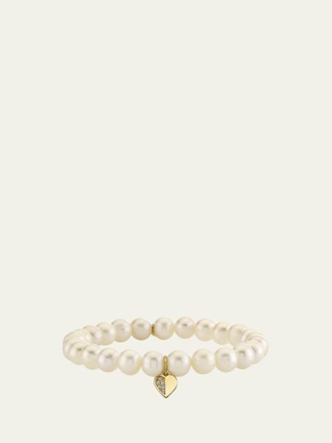 14K Half Pave Heart Charm on Pearl Stretch Bracelet