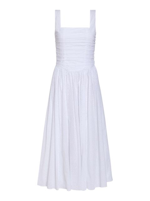 Maeve Ruched Cotton Eyelet Midi Dress white