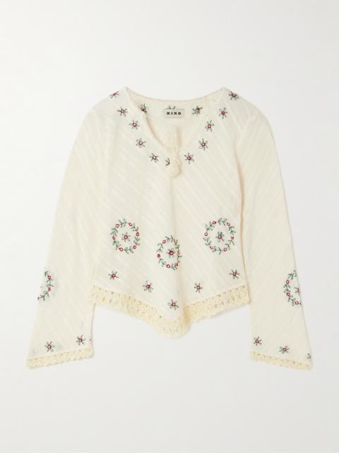 Annalisa Crochet-trimmed Embroidered Cotton-seersucker Top