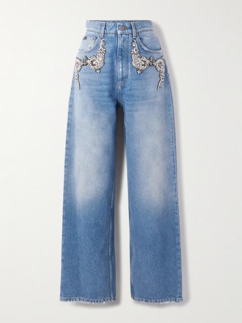 Crystal-embellished Distressed Straight-leg Jeans