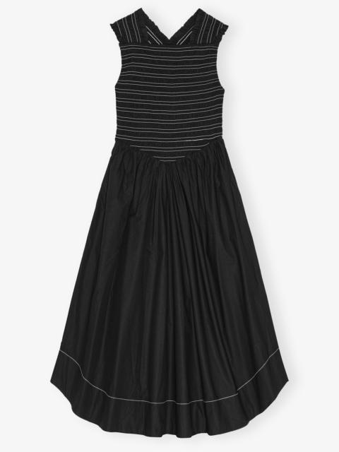 BLACK WASHED STRETCH COTTON SMOCK MIDI DRESS