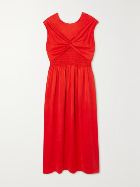 Mahaney Gathered Smocked Silk Midi Dress