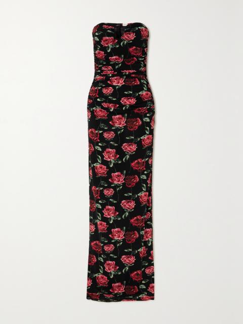 Ruched Floral-print Stretch-jersey Bustier Gown