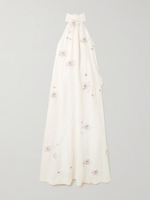 Lima Embellished Appliquéd Linen Halterneck Maxi Dress