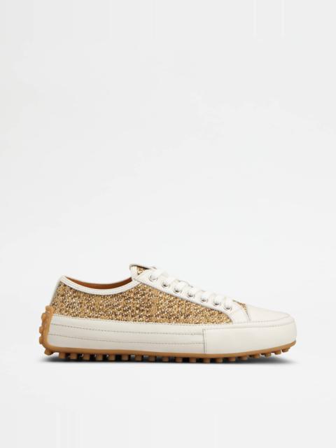 SNEAKERS IN FABRIC AND LEATHER - WHITE, BEIGE, BROWN