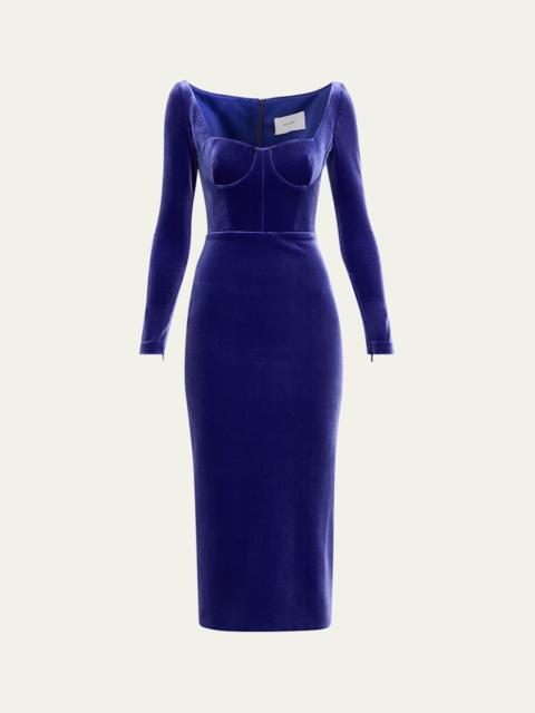 Cupped Long-Sleeve Velvet Midi Dress