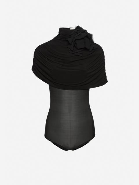 Draped cape-effect cupro bodysuit in black