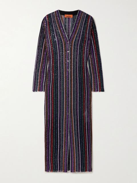 Sequin-embellished striped crochet-knit cardigan Black