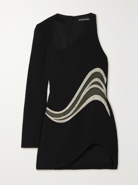 One-sleeve Crystal-embellished Mesh-trimmed Cady Mini Dress