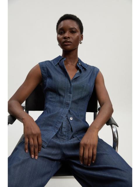 Chambray Stretch Denim Sleeveless Collared Top