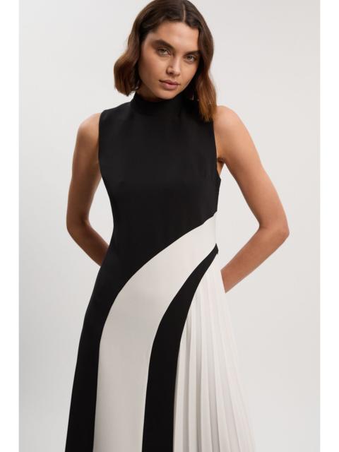 Soft Tailored Colour Block High Neck Pleated Midi Dress