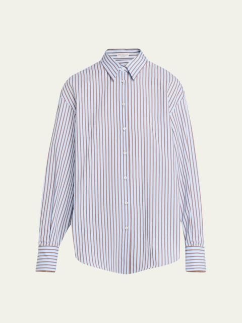 Monili-Trim Striped Cotton Poplin Button-Down Shirt